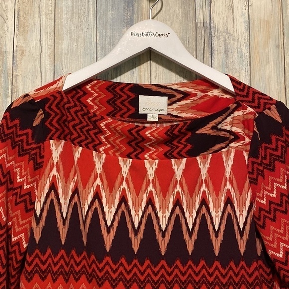 Donna Morgan Dresses | Red Aztec Printed Sheath Dress With a Boat Neck line | 6 - Picture 3 of 9